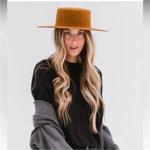 Gigi Pip Dahlia Boater Warm Brown 100% Wool Stiff Brim Hat 57 Small Medium